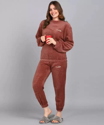 Reha Fashion Women Solid Brown Night Suit Set