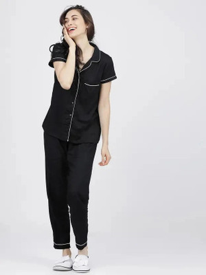 GORDHAN Women Solid Black Shirt & Pyjama set