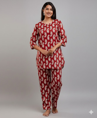 SAYANG Women Printed Maroon Top & Pyjama Set