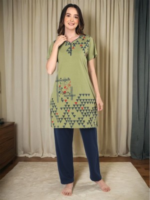 Duchess Women Printed Green Night Suit Set