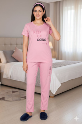 AWIBE Women Printed Pink Night Suit Set