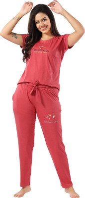 NIGHTVIEW Women Solid Pink Night Suit Set