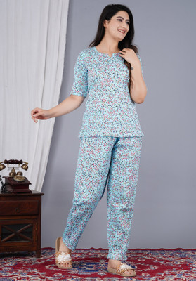 RAMDOOT CREATION Women Printed Light Blue Top & Pyjama Set