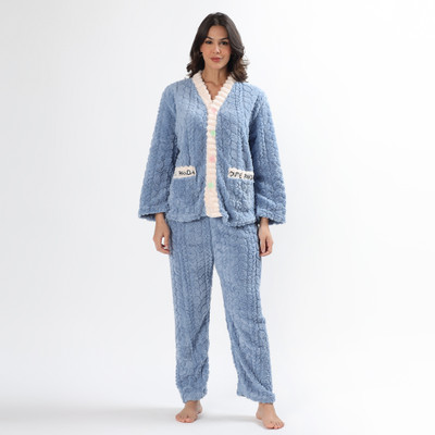 PQN PARTY QUEEN Women Self Design Blue Night Suit Set