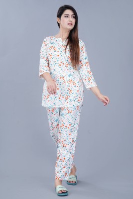 Attnico Women Printed White Night Suit Set