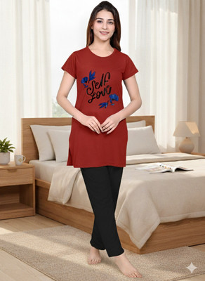 NATRIS Women Printed Red Top & Pyjama Set