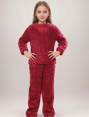 Lugo Boys & Girls Self Design Maroon Night Suit Set