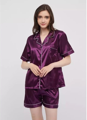 Vd hub Women Solid Purple Night Suit Set