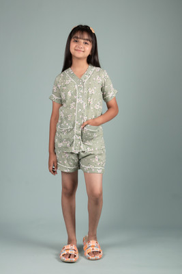 Tweeny Mini Girls Floral Print Green Night Suit Set