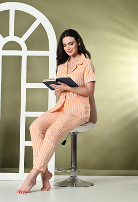 DreamBe Women Striped Orange, White Night Suit Set