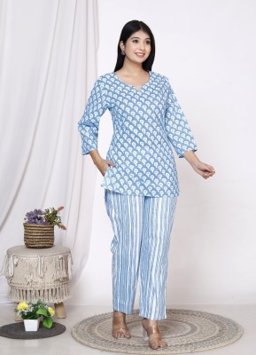 swadeshi fashion store Women Printed Light Blue Night Suit Set