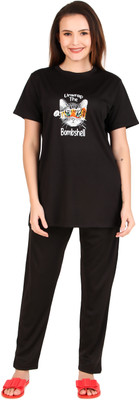 ovida Women Printed Black Top & Pyjama Set