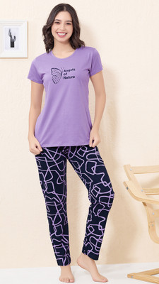 QUIRA Women Printed Purple Top & Pyjama Set