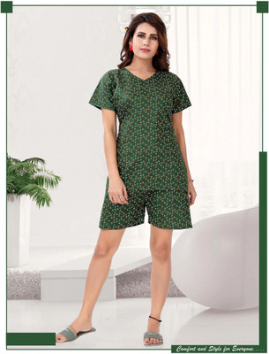 RibNee Women Floral Print Green Night Suit Set