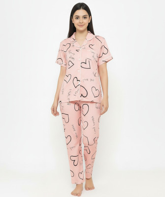 V.E.S.P.A Women Printed, Conversational, Graphic Print Pink Shirt & Pyjama set