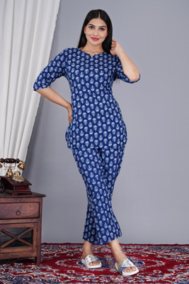 WOOM Girls Floral Print Blue Night Suit Set