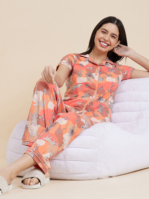 SWEET DREAMS Women Printed Orange Top & Pyjama Set