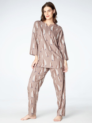 ZEYO Women Graphic Print Brown Top & Pyjama Set