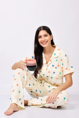 Lugo Women Printed Beige Night Suit Set