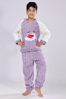 Lugo Boys & Girls Solid White, Purple Night Suit Set