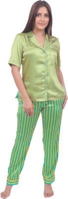 Billebon Women Striped Light Green, Yellow Shirt & Pyjama set