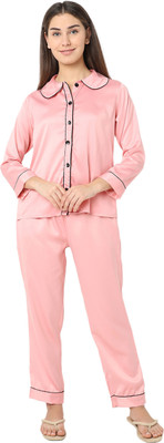 Smarty Pants Women Solid Pink Night Suit Set