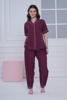 Belvik Women Solid Maroon Top & Pyjama Set