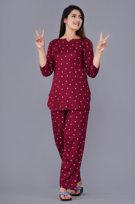 zivsy Women Printed Maroon Top & Pyjama Set