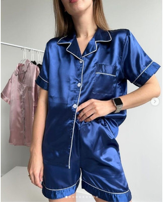 Vd hub Women Solid Dark Blue Night Suit Set