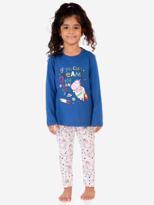 Yk Girls Printed Blue Night Suit Set