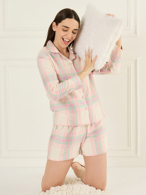 SWEET DREAMS Women Checkered Pink Top & Shorts Set