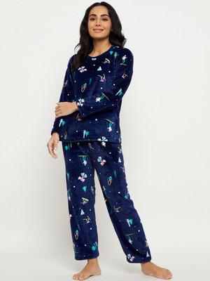 Camey Women Printed Dark Blue Top & Pyjama Set