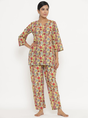 QuaClo Women Floral Print Yellow, Multicolor Shirt & Pyjama set