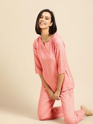DreamBe Women Printed Pink, White Night Suit Set