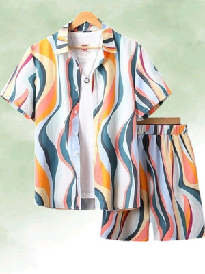 SEVENTEENSTITCH Men Printed White Top & Shorts Set