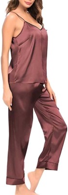 Cotovia Women Solid Brown Top & Pyjama Set