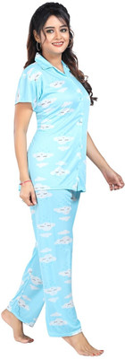Qunity Women Printed Light Blue Night Suit Set