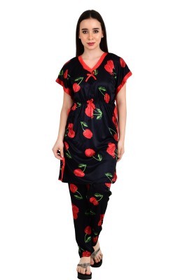 LDHSATI Women Printed Black Top & Pyjama Set