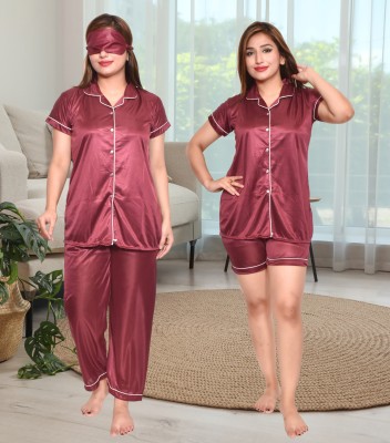 clothus Women Solid, Self Design Maroon Shirt & Pyjama set