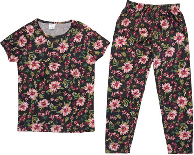 KANNIMAR Girls Printed Black Night Suit Set