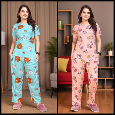 FASHION GREAB Women Printed Pink Top & Pyjama Set