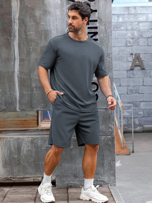 Vogaan Men Solid Grey Top & Shorts Set