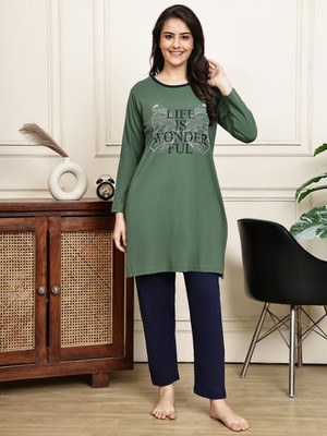 Perfect Line Women Printed Green Night Suit Set