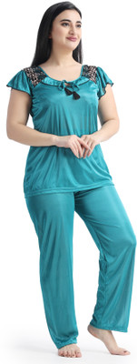 Night Heels Women Self Design Light Blue Top & Pyjama Set