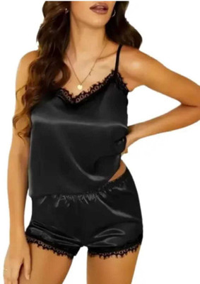 NIGHTGIRL Women Self Design Black Top & Shorts Set