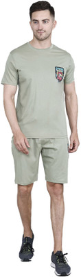 HouseOfCommon Men Solid Light Green Top & Shorts Set