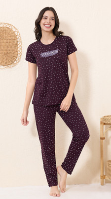 QUIRA Women Printed Maroon Top & Pyjama Set