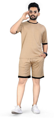NISPRUH Men Solid Beige Night Suit Set