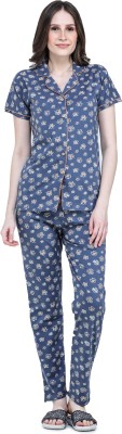 AllureBlue Women Printed Dark Blue, Orange, White Shirt & Pyjama set