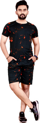 Qosha Men Printed Black Night Suit Set